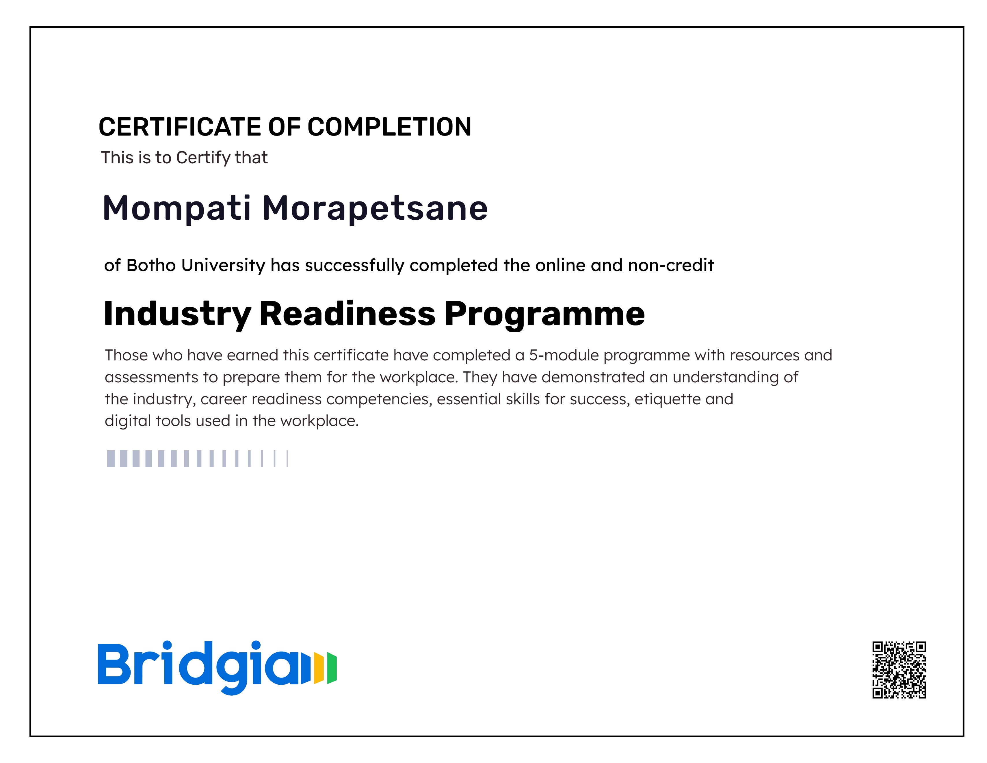 Industry Readiness Programme (for Botho University in partnership with Bridgia)